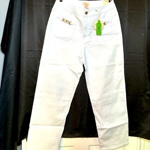 Camila Coelho White Straight Ankle Jeans with Gold Chain Detail - Size 8 NWT